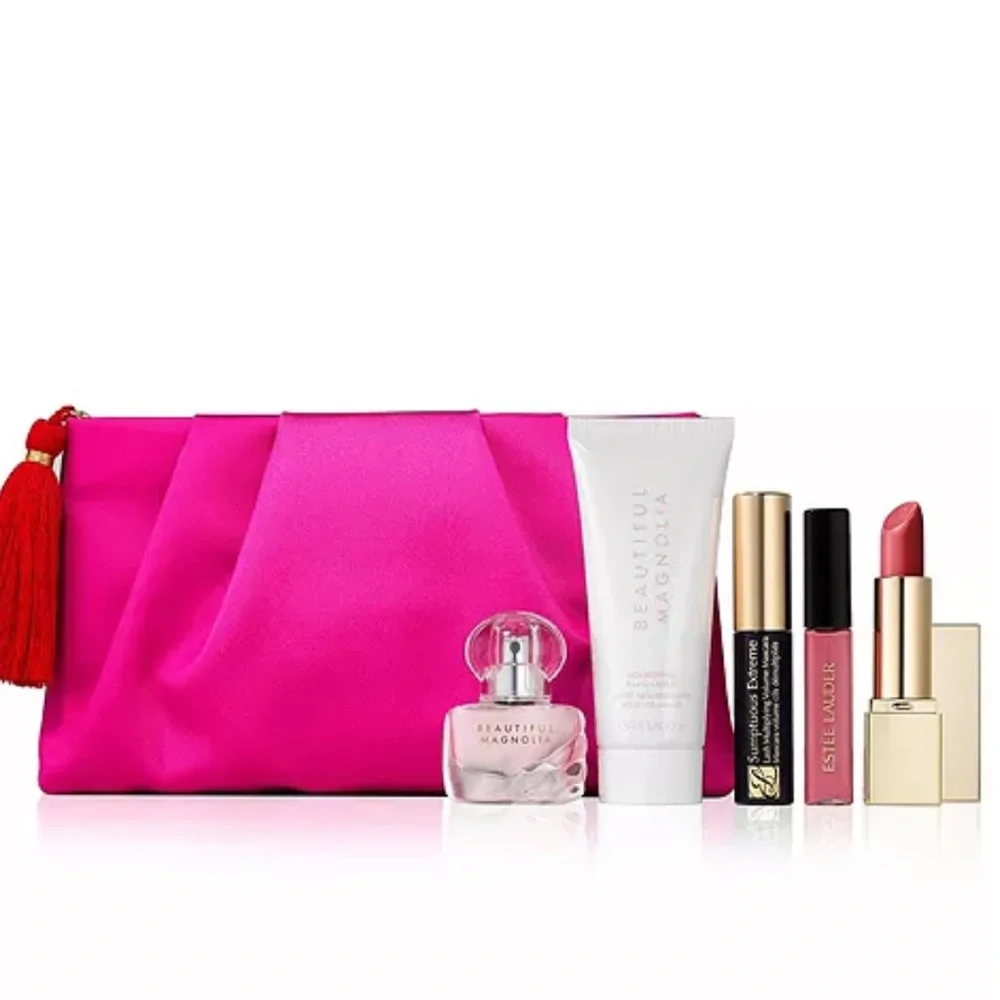 ESTEE LAUDER 6p Spray, Lotion, Lip Gloss, Lipstick, Mascara, Cosmetic Bag $125